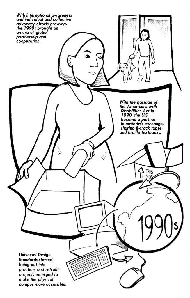 This image has two components. At the top of the image is a person with a service dog walking through a door.  Below this is a person opening a box with accessible educational materials. Below this image is a text description on how universal design and accessible material exchange started in the 1990’s.