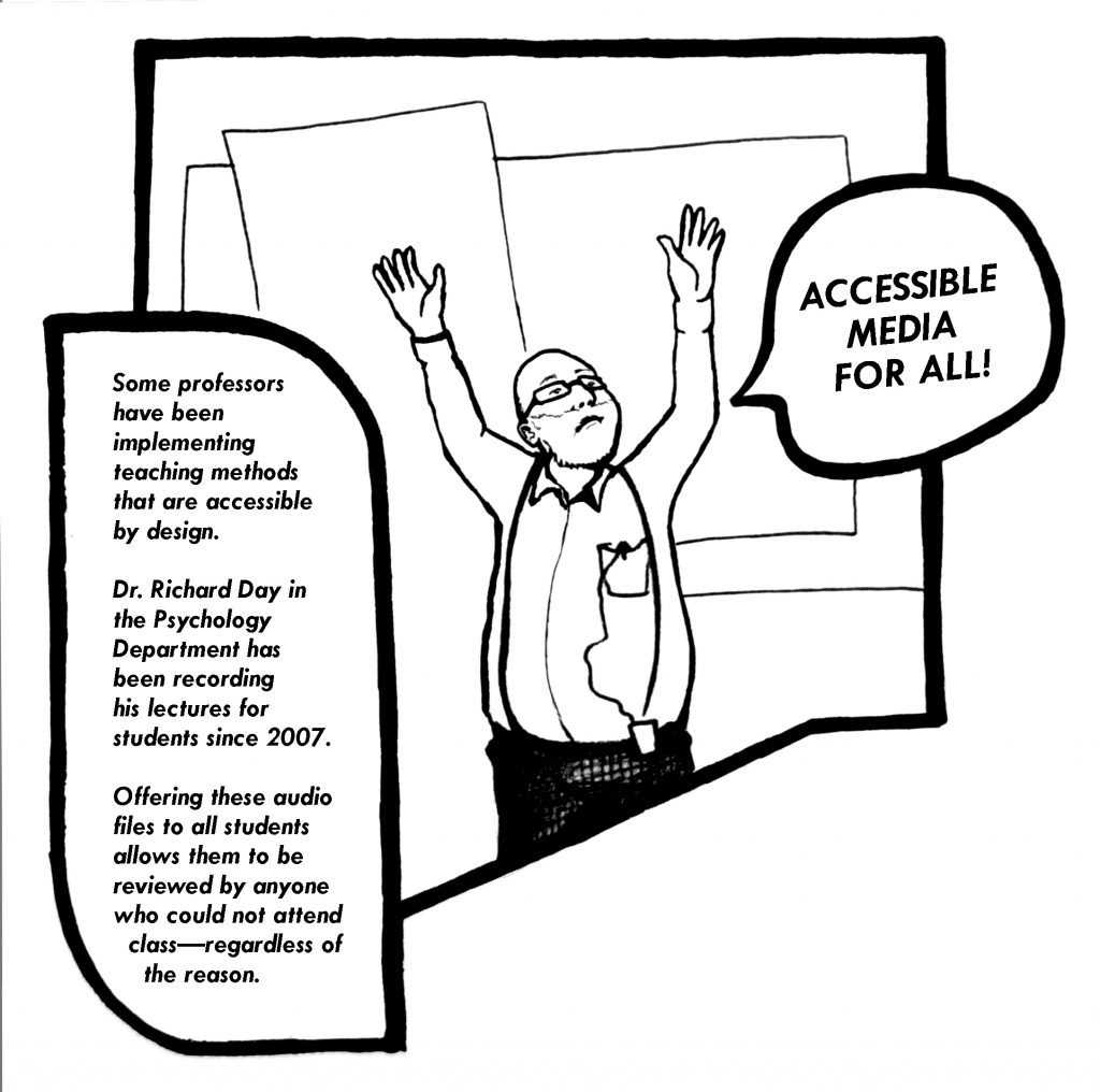 A person is pictured with both hands raised with a text bubble above their head that reads: accessible media for all.