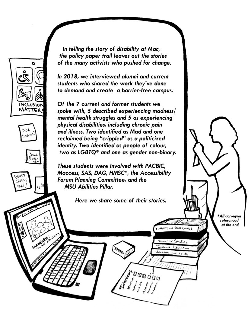 In this image there is a desk with various papers spread out on it, a computer and books. On the wall behind the desk are sticky notes and accessibility images. In the background is a silhouette of a person holding up a piece of paper.