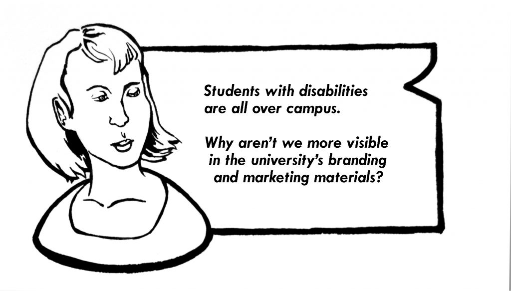 Image of a person looking towards text that talks about the lack of inclusion of persons with disabilities in McMaster’s marketing.