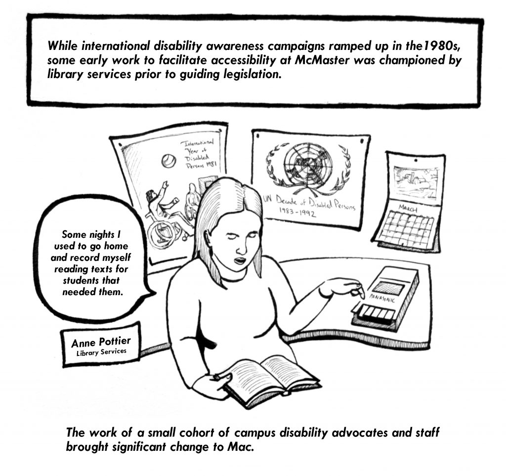 Image has text that describes the work of disability advocates in library services working to make materials accessible. One person sits at a desk reading a book and recording themselves.  On the wall behind where they sit are posters and a calendar. 