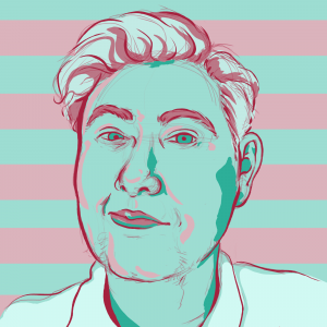 Begin ID "A portrait in pink, turquoise and white of a half smiling person looking at the viewer. They have short, combed back hair and a collared shirt. The portrait is on a pink and turquoise striped background." End ID 