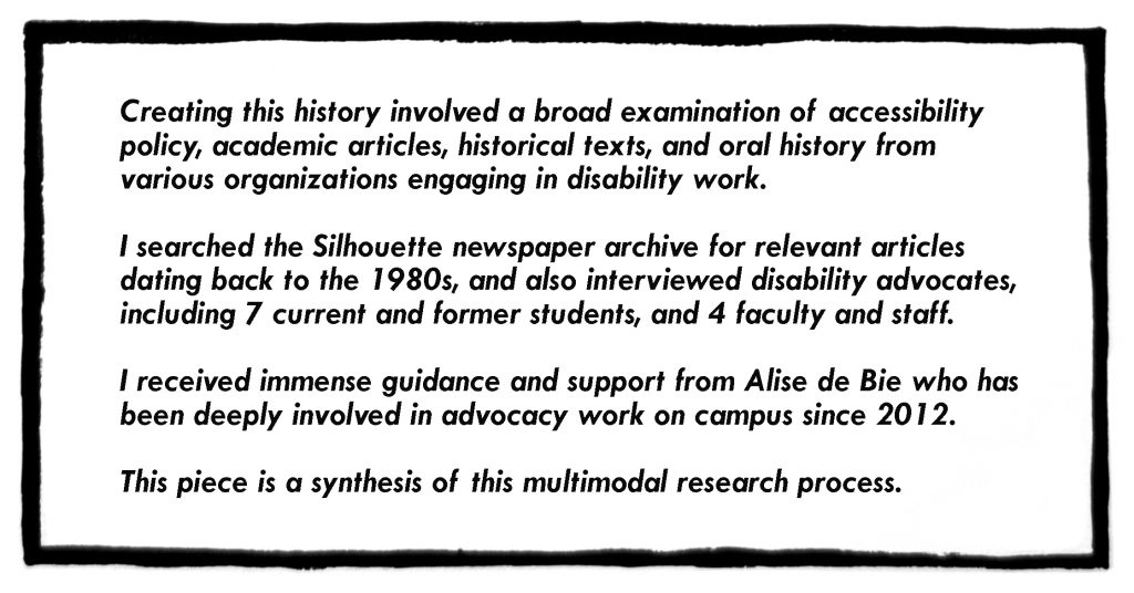 Image with text describing the process in creating this comic, the sources that were used from various people in the field of disability justice and organizational support.