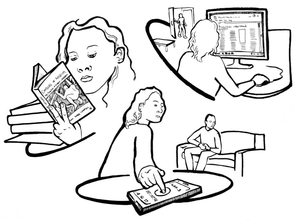 This image has three smaller images within it.  The first image is a person reading a book entitled Contours of Ableism. The second image shows two people, one has a recording device and is interviewing the other person.  The final image shows a person on a computer.