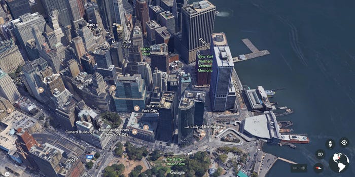 Image is a side by side of two virtual maps of New York City. The first image, top,  is of NYC in its current state, while the second image, bottom, is a rendered image of NYC in the year 2100, wherein flooding has resulted in buildings being partially submerged and water shown in the middle of the metropolis.