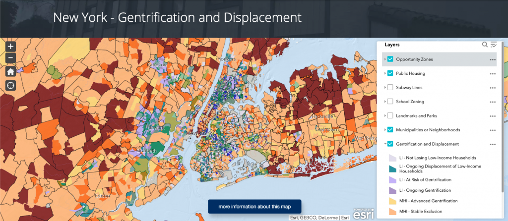 Ariel map of New York City, with sections highlighted in various colours, aligned with the legend on the right of the image. Each colour on the map shows areas that have public housing, neighbourhoods prone to gentrification, and other municipalities and neighbourhoods throughout NYC.