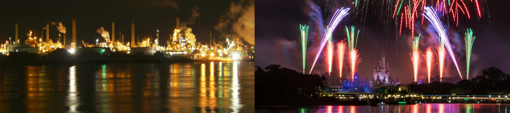 The top left photograph depicts a distanced view of Chemical Valley’s refineries as they are reflected on the waters of Lake Huron. There are refinery towers that are emitting smoke and yellow light against a black night sky.

The top right photograph depicts a distanced view of Cinderella’s Castle while red and green fireworks are being released into the night sky. The light of the fireworks and that of the castle are reflected on the water at the forefront of the image.