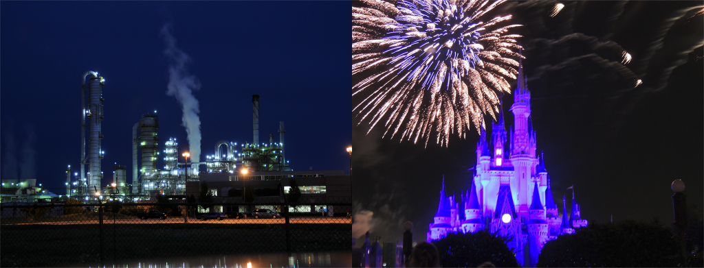 The bottom left photograph displays a closer shot of a chemical processing facility. Against a blue night sky, the facility is releasing white smoke and multicoloured lights.

The bottom right photograph displays a closer shot of Cinderella’s Castle at night. The Castle has been lit up in blue. Gold and silver fireworks are going off on either side of the castle.