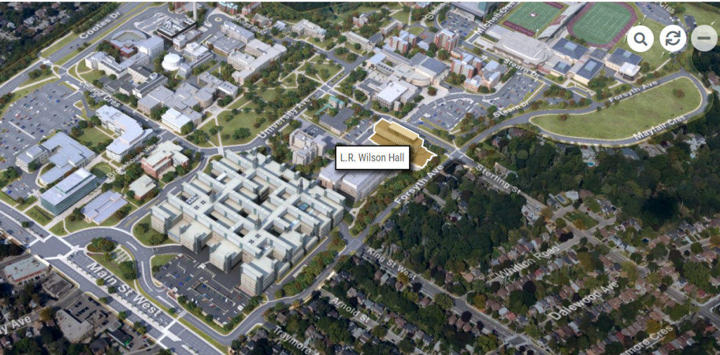 McMaster campus map highlighting the location of L.R. Wilson Hall