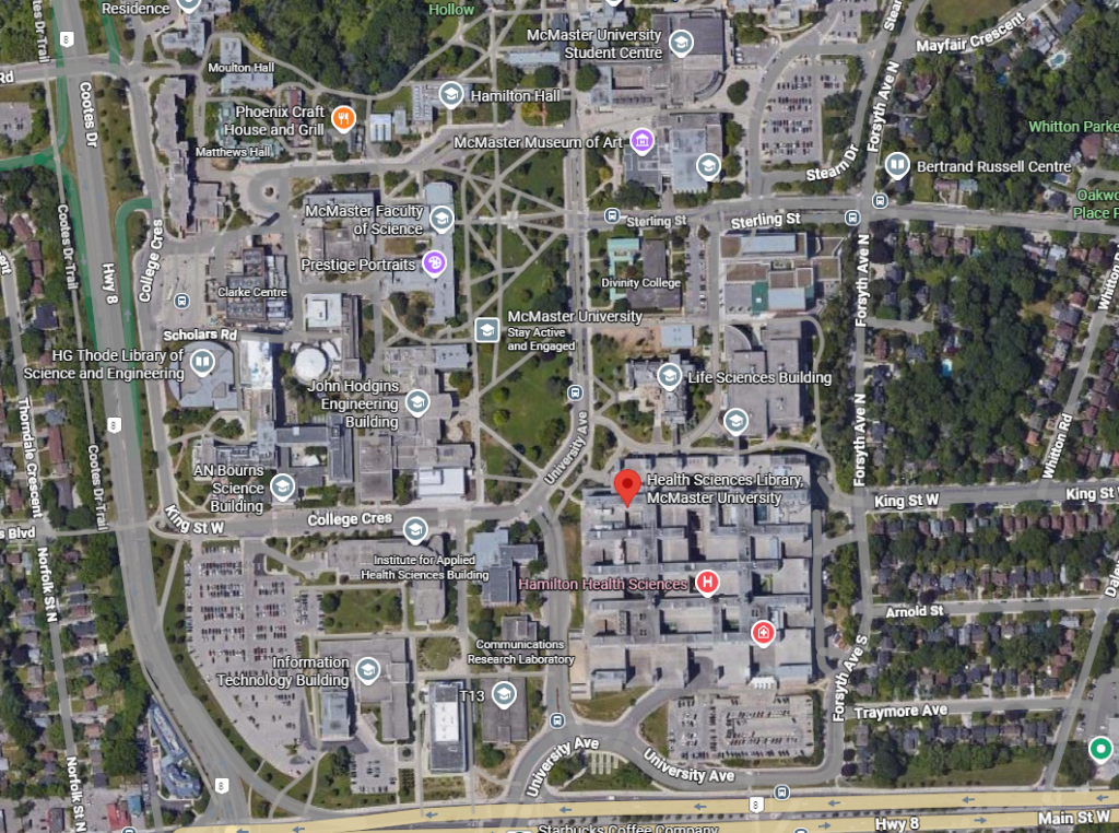 Map of McMaster University Campus, with location of the Health Sciences Library featured